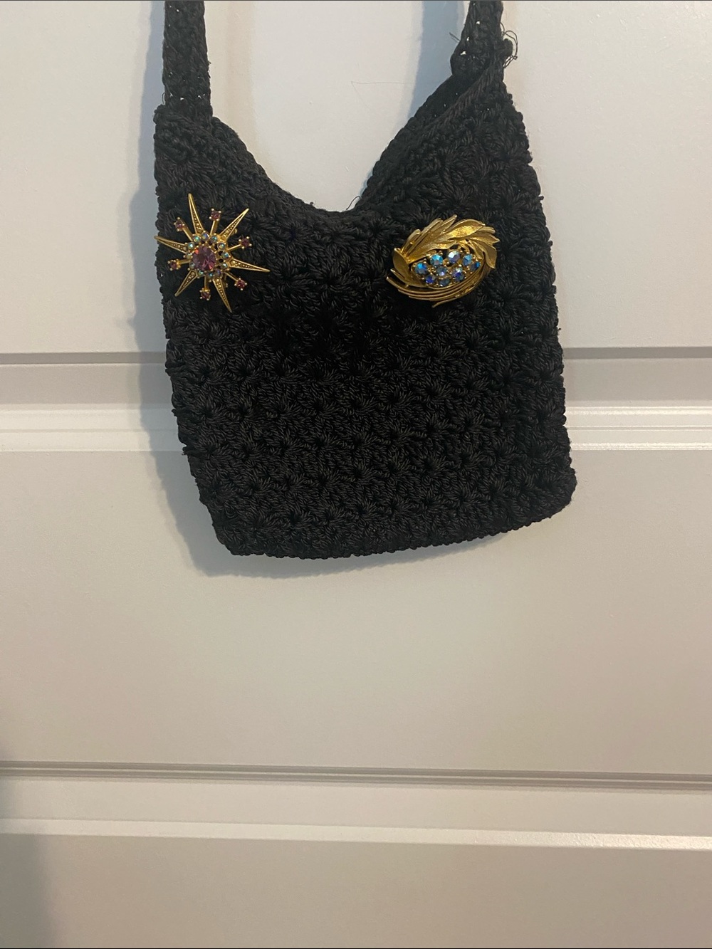 Black Crocheted Crossbody Bag with Gold Embellishments - Picture 2 of 2